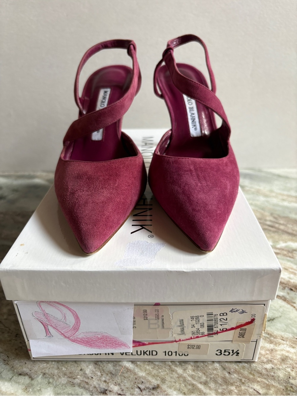 Manolo Blahnik Cranberry Suede Pointed-Toe Slingback Pumps